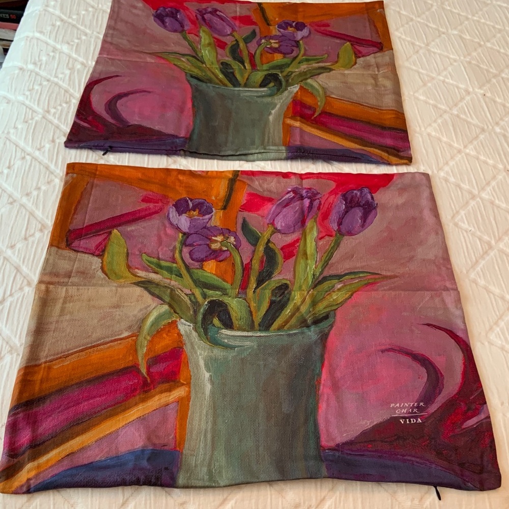 VIDA Artistic Floral Pillow Covers with Purple and Green